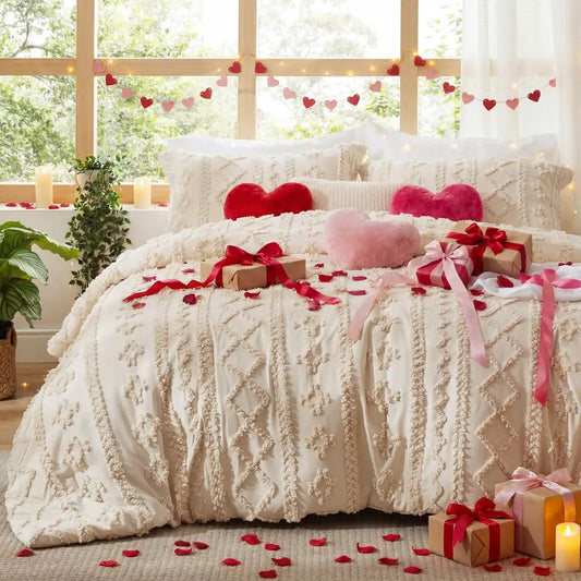 Tufted Boho Comforter Set - 3pc Shabby Chic Farmhouse Bedding