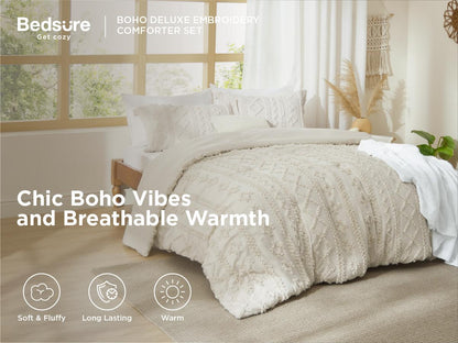 Tufted Boho Comforter Set - 3pc Shabby Chic Farmhouse Bedding