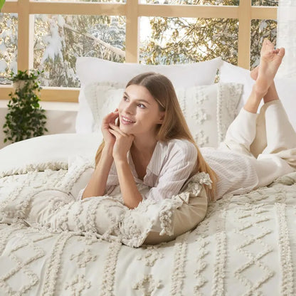 Tufted Boho Comforter Set - 3pc Shabby Chic Farmhouse Bedding