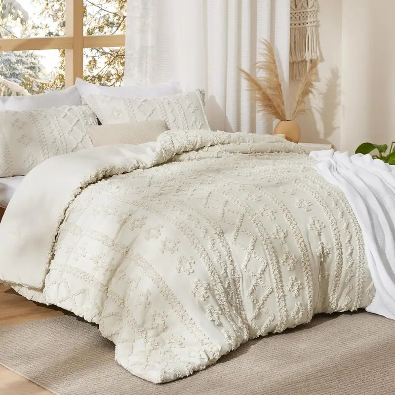 Tufted Boho Comforter Set - 3pc Shabby Chic Farmhouse Bedding